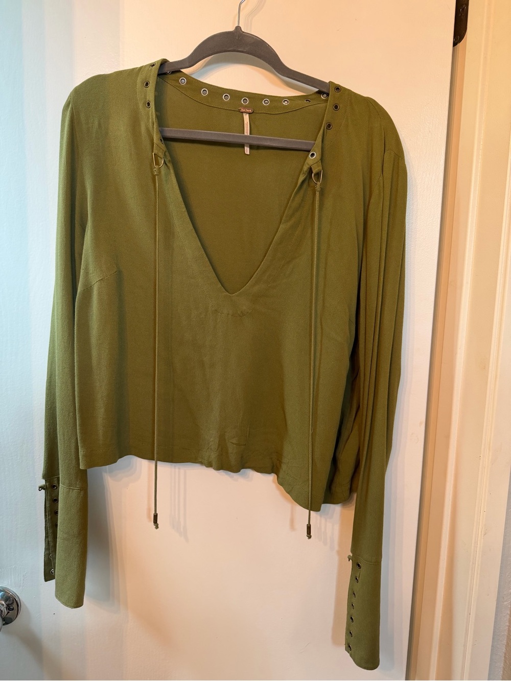 Free People Olive Green V-Neck Lace-Up Long Sleeve Top